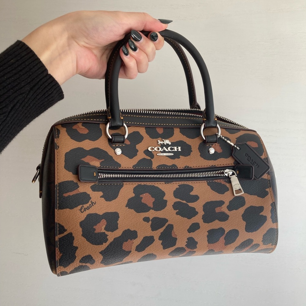 Coach Rowan Satchel in leopard Print - Tan and Black